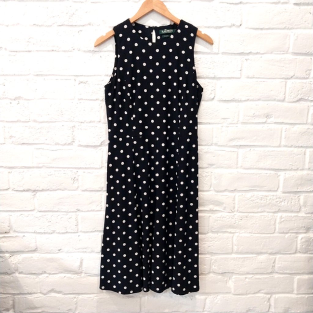New Lrl Lauren Ralph Lauren Jersey Black White Polka Dot Shift Aline Midi Dress